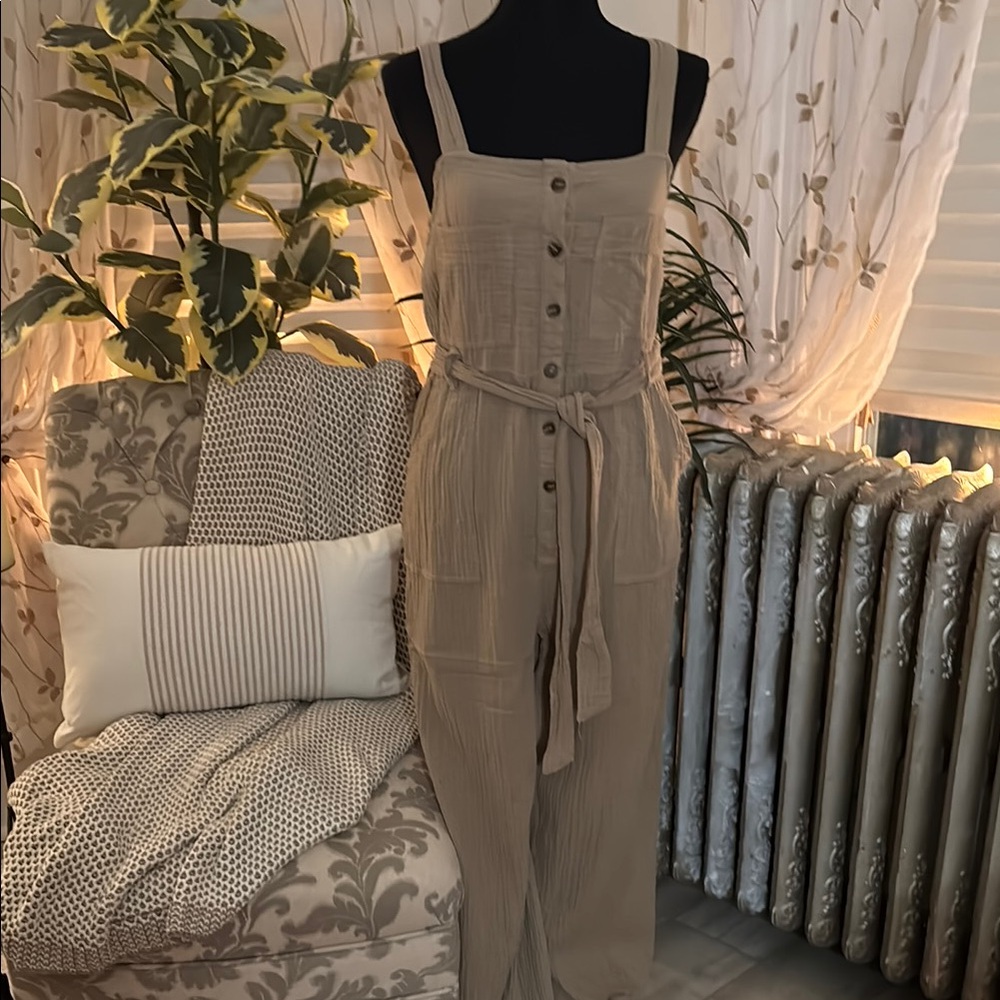 Beige Button-Down Jumpsuit